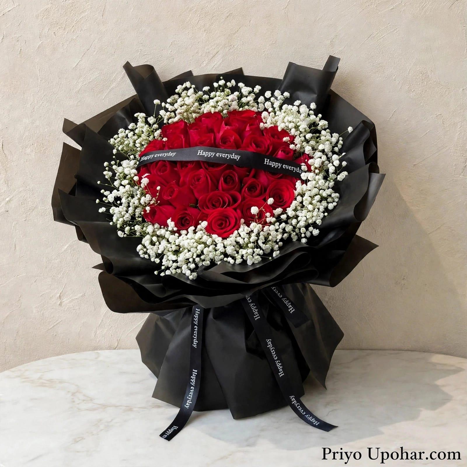30 Red Rose with Baby Breath in Black Wrapping Bouquet
