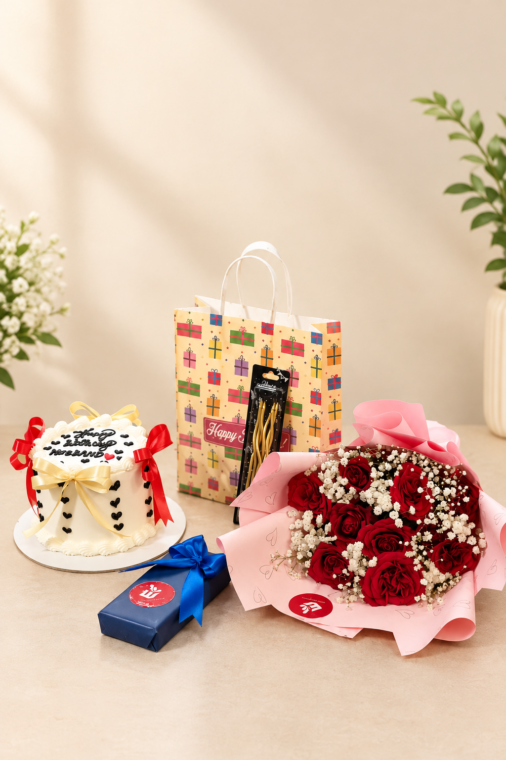 Birthday Surprise Gift Set with Cake & Red Roses bouquet