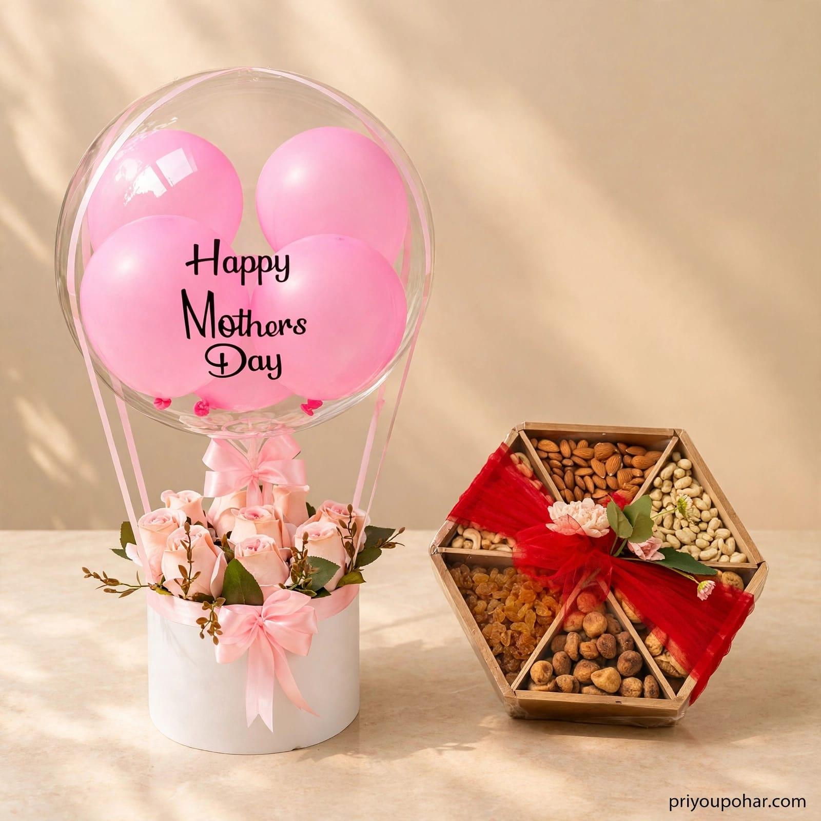 Happy Mothers Day Pink Balloon Rose Box with Hexagonal Dry Fruits Gift Hamper