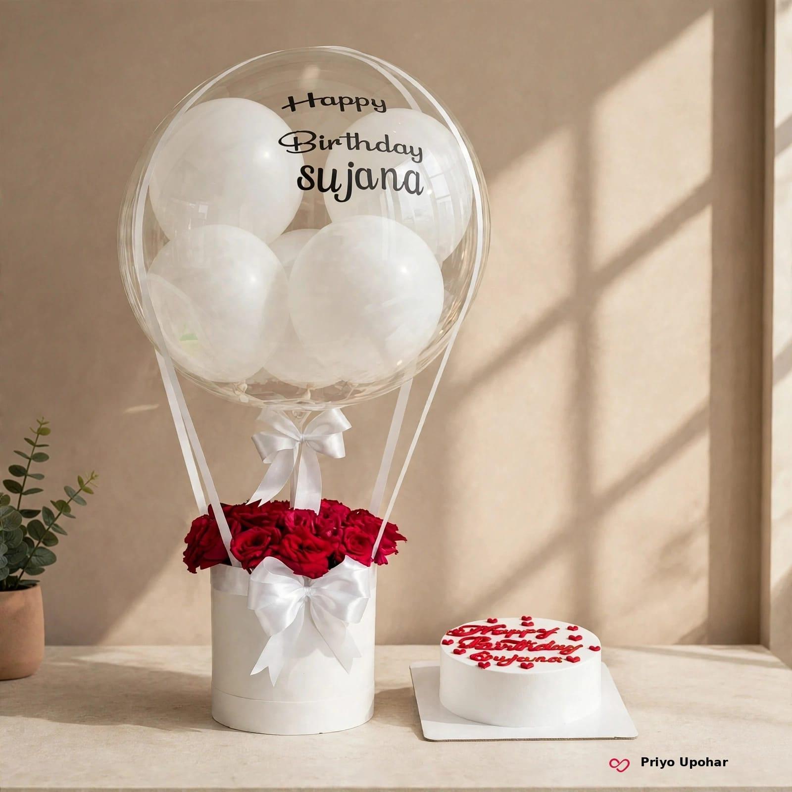 Red Rose Balloon Bouquet with Birthday Cake