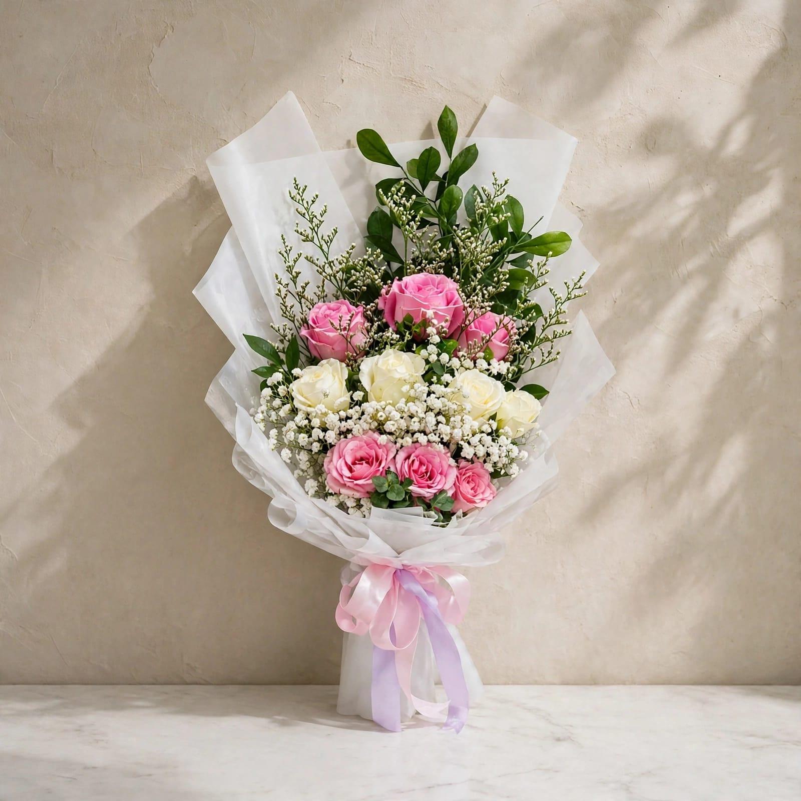 10 Pcs Pink & White Rose Bouquet